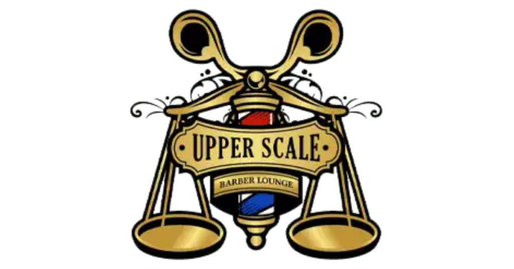 Upper Scale Barber Lounge logo with classic barber pole and golden scales, symbolizing precision grooming services in Antioch, offering 2026 men's grooming trends.