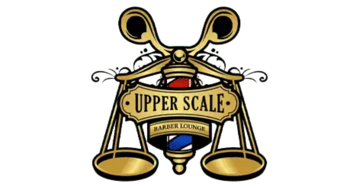 Upper Scale Barber Lounge logo with classic barber pole and golden scales, symbolizing precision grooming services in Antioch, offering 2026 men's grooming trends.