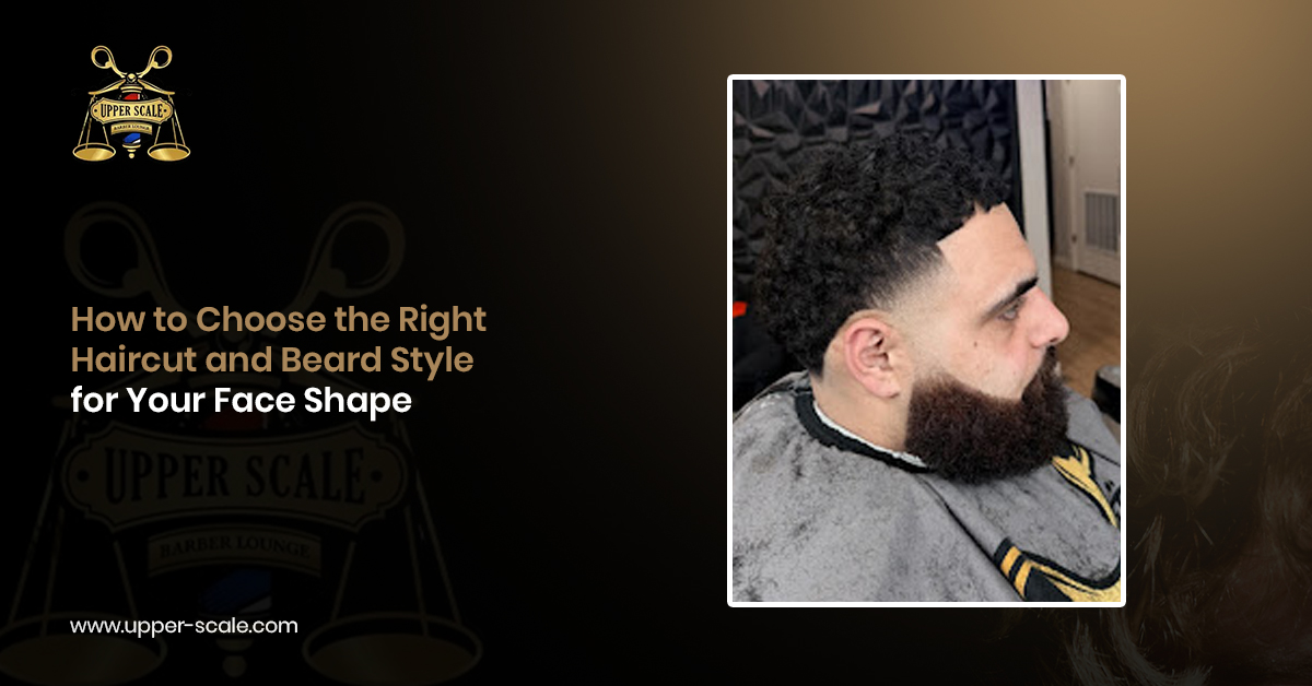 Man choosing a haircut and beard style based on face shape at a professional barber shop.