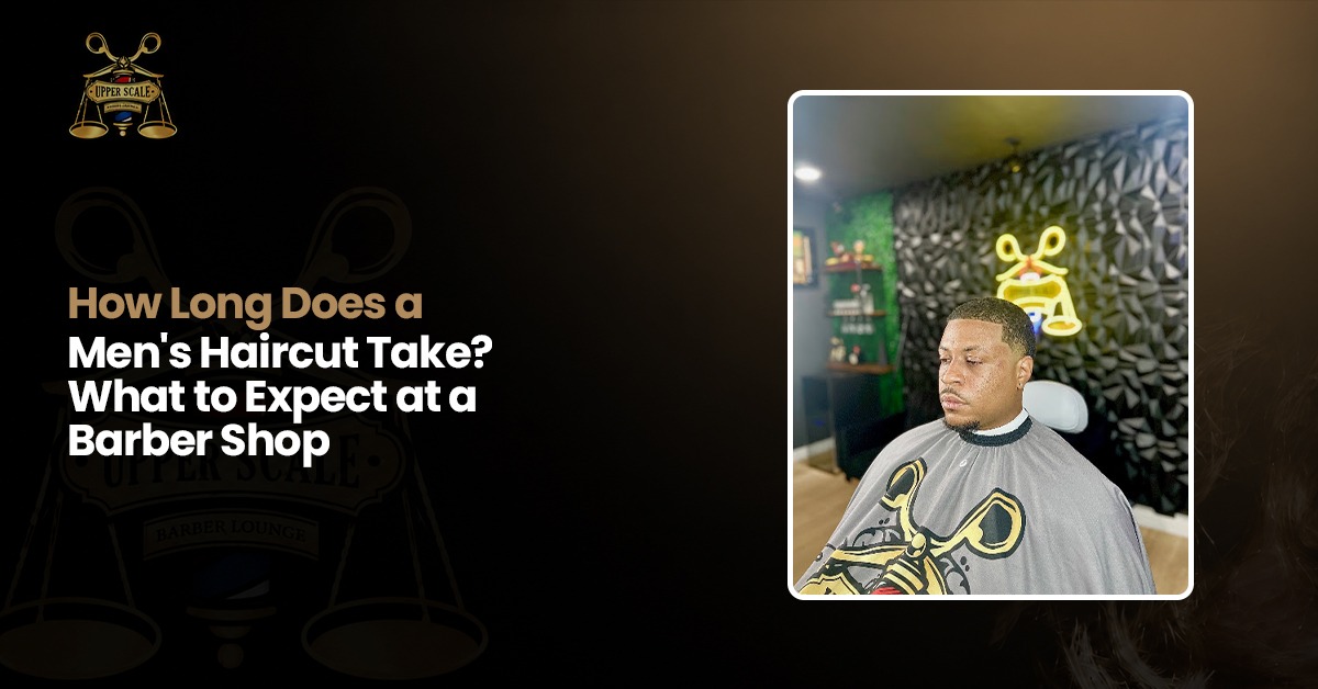 Men's haircut appointment showing a barber working on a client's hairstyle